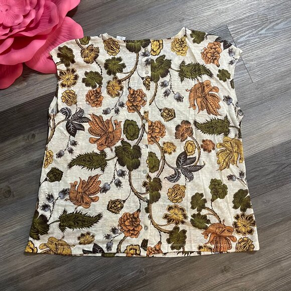 NICOLE MILLER Sz L 100% Linen Floral Stretch Linen Button Accent Back Top - Picture 3 of 7
